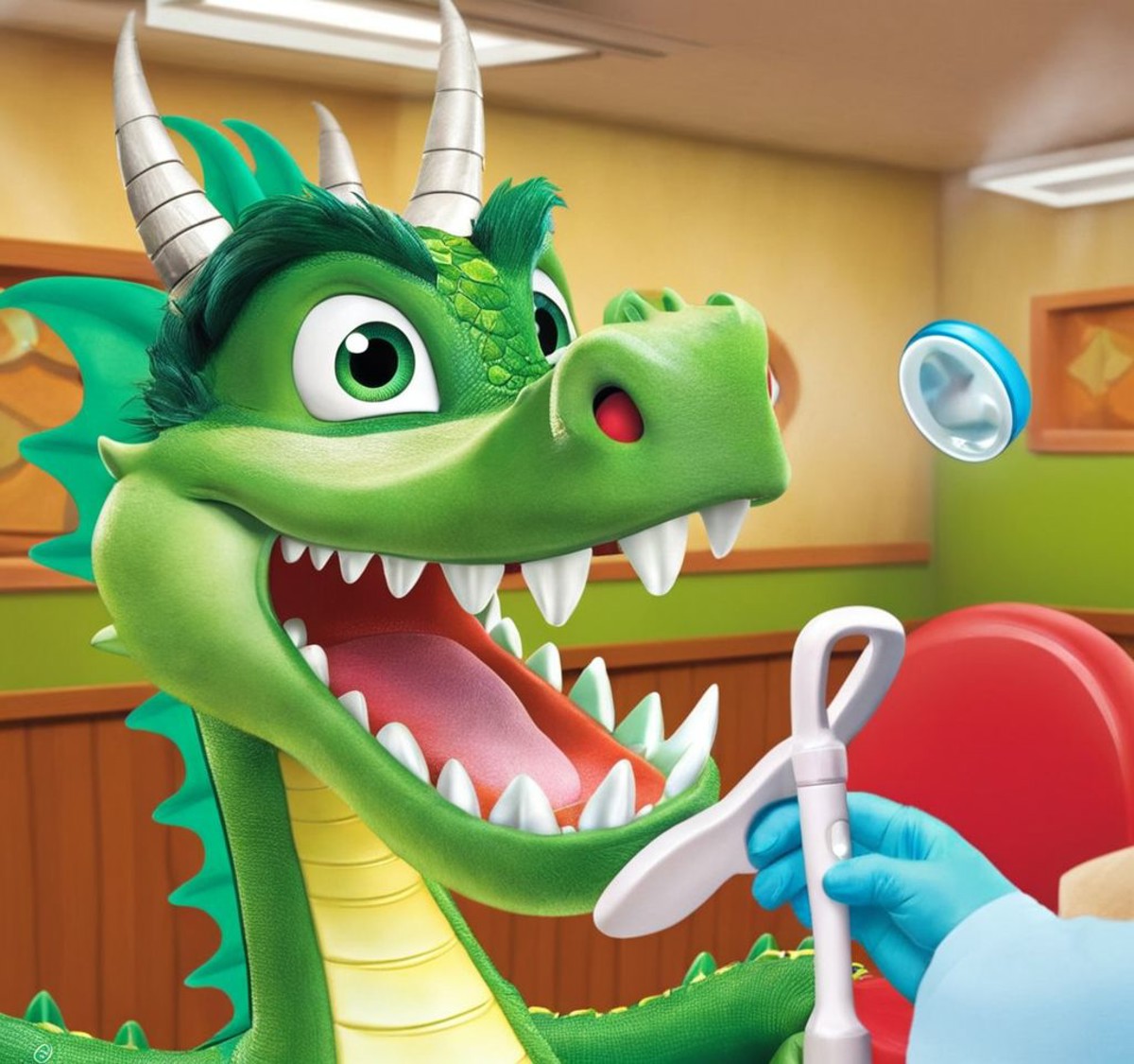 A mighty dragon at the dentist DreamDisPix style <lora:SDXL-DreamDisPix-Lora-r32:0.8>